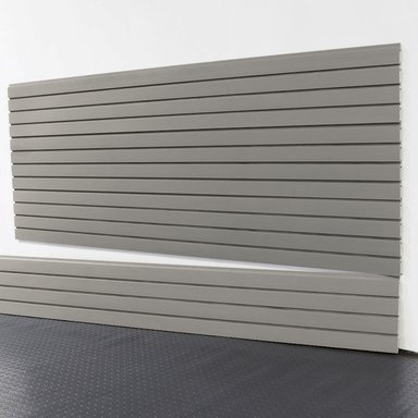 8-foot Weathered Grey Basic Duty slatwall panels installed on a garage wall, featuring a smooth grey finish and durable interlocking design by Oura Decor.