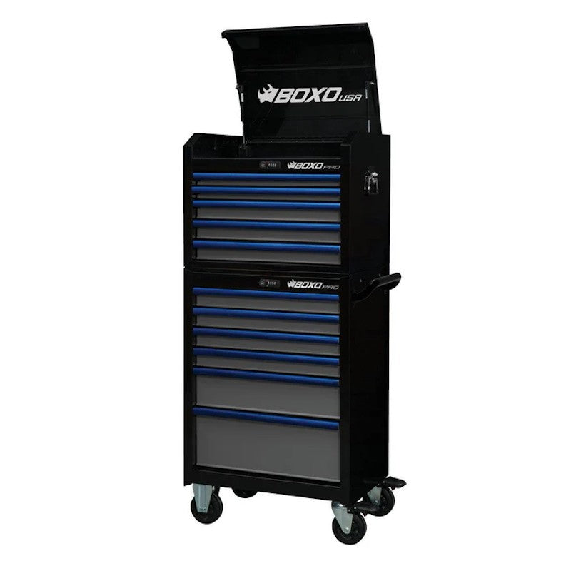 BoxoUSA Pro Series 26" 11-Drawer Rolling Tool Box Black Box Blue Handle Open from the front