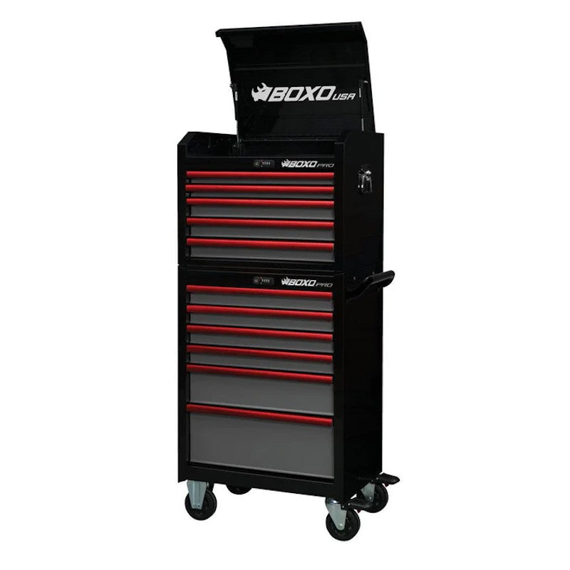 BoxoUSA Pro Series 26" 11-Drawer Rolling Tool Box Black Box Red Handle Open from the front