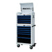 BoxoUSA Pro Series 26" 11-Drawer Rolling Tool Box White Box Blue Handle Open from the front