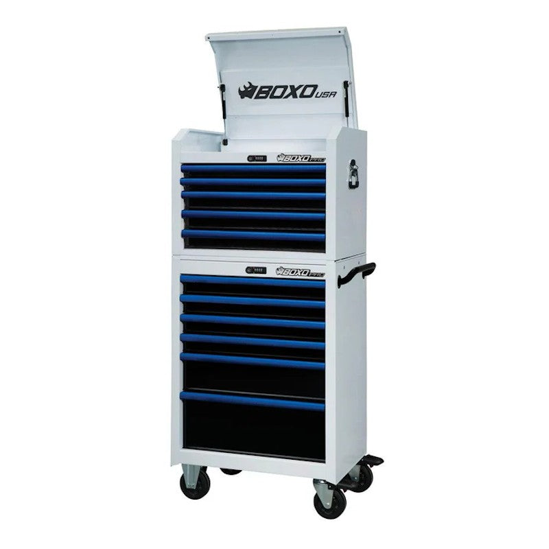 BoxoUSA Pro Series 26" 11-Drawer Rolling Tool Box White Box Blue Handle Open from the front