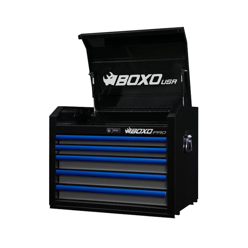 BoxoUSA Pro Series 26" 5-Drawer Top Tool Box Black Gloss Blue Handle open and from the front