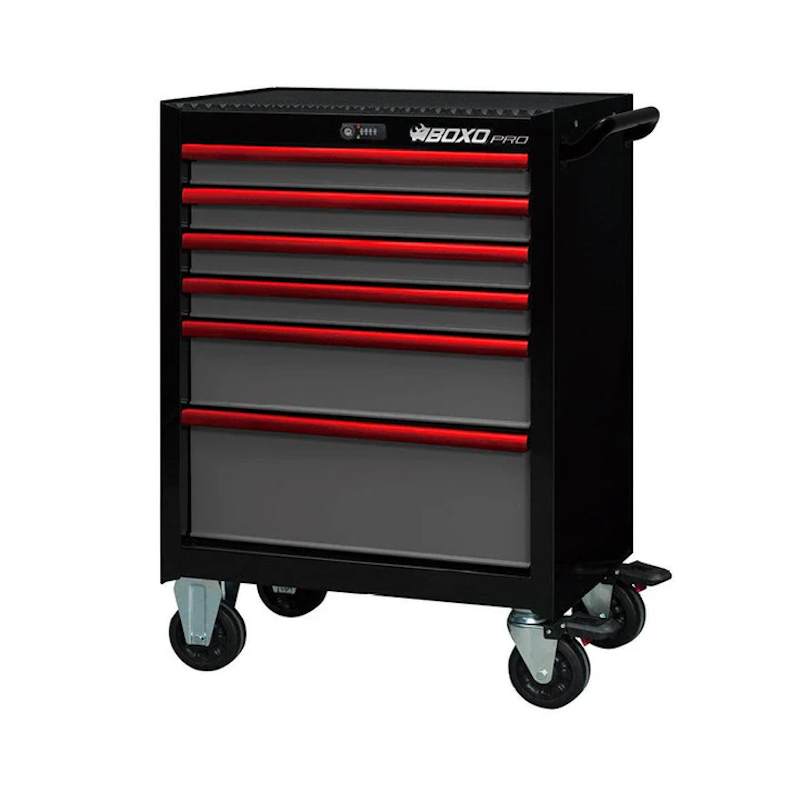 BoxoUSA Pro Series | 26" 6-Drawer Rolling Tool Box Red Handle Black Box from the front
