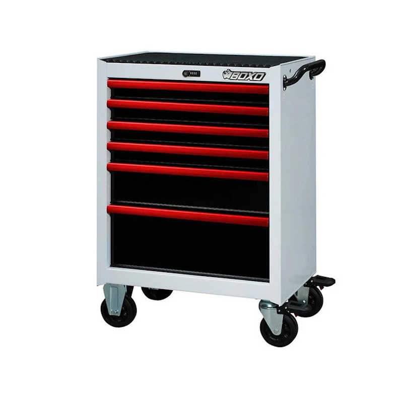 BoxoUSA Pro Series | 26" 6-Drawer Rolling Tool Box Red Handle White Box from the front