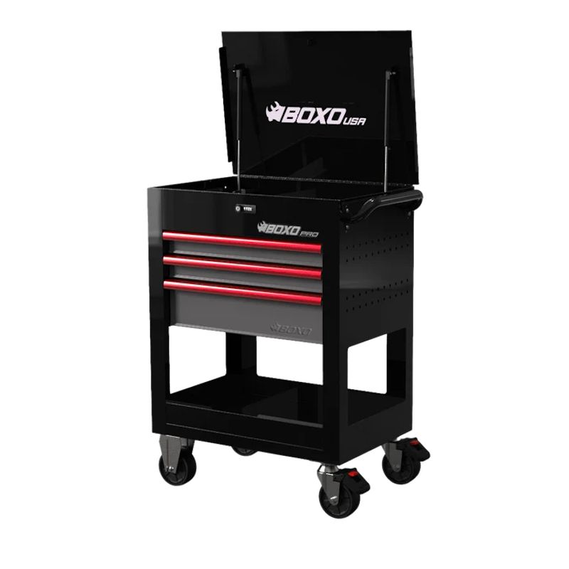 BoxoUSA Pro Series 28" 3-Drawer Flip top Service Cart Tool Box Black Box Red Handle from the front