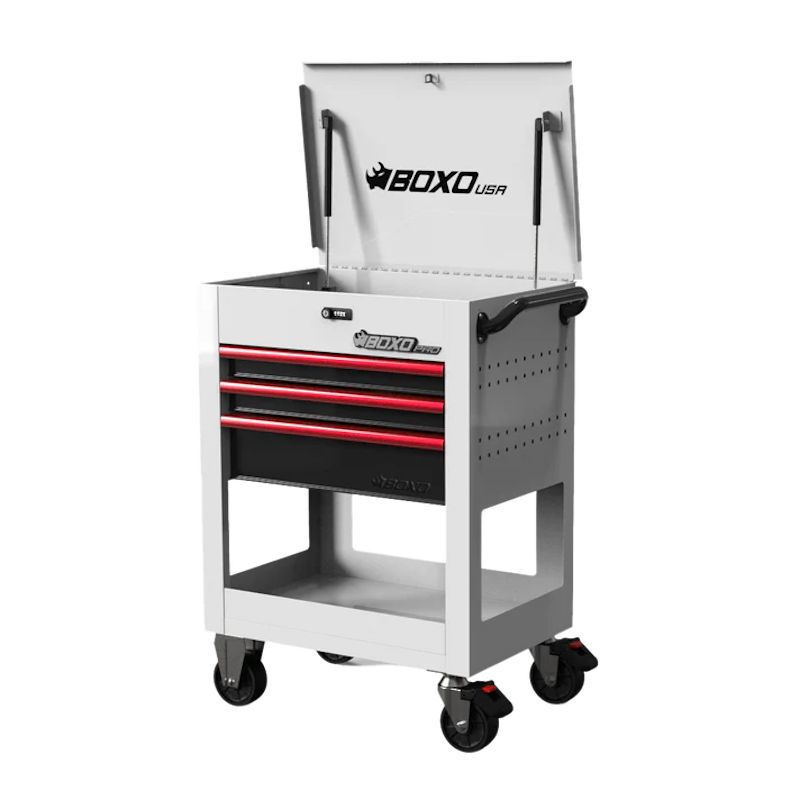 BoxoUSA Pro Series 28" 3-Drawer Flip top Service Cart Tool Box White Box Red Handle from the front