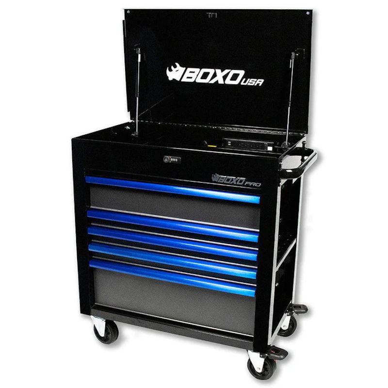 BoxoUSA Pro Series 35" 5-Drawer Flip-Top Service Cart Tool Box Black Box Blue Handle Open from the front