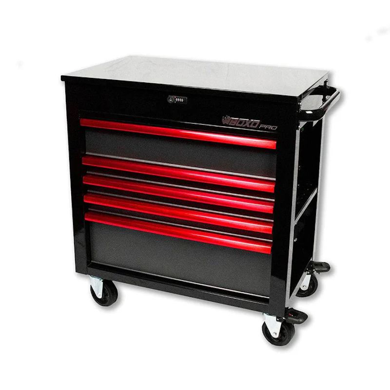 BoxoUSA Pro Series 35" 5-Drawer Flip-Top Service Cart Tool Box Black Box Red Handle Closed from the front