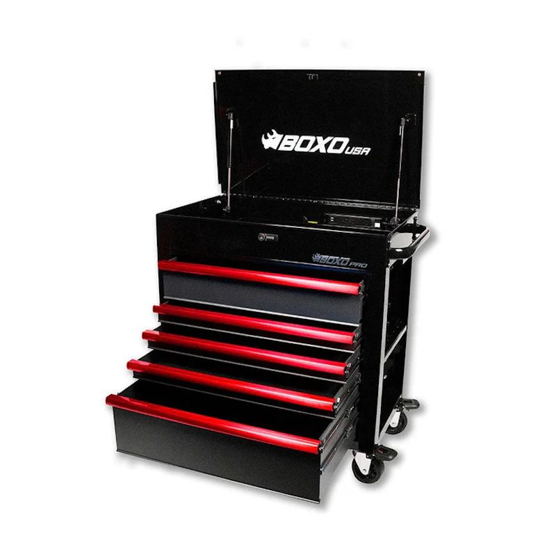 BoxoUSA Pro Series 35" 5-Drawer Flip-Top Service Cart Tool Box Black Box Red Handle Open Drawers from the front
