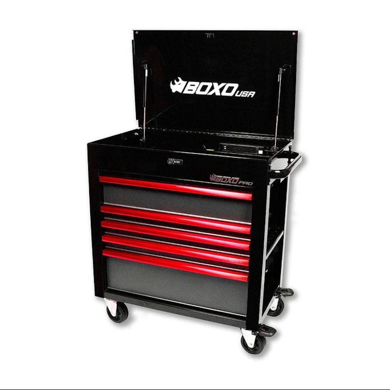 BoxoUSA Pro Series 35" 5-Drawer Flip-Top Service Cart Tool Box Black Box Red Handle Open from the front