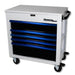 BoxoUSA Pro Series 35" 5-Drawer Flip-Top Service Cart Tool Box White Box Blue Handle Closed from the front