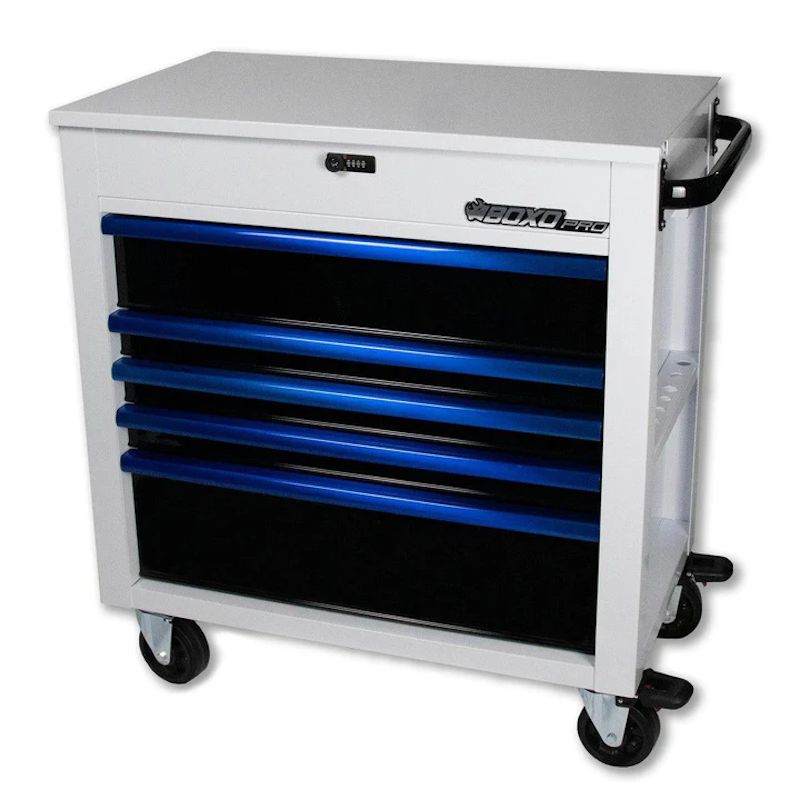 BoxoUSA Pro Series 35" 5-Drawer Flip-Top Service Cart Tool Box White Box Blue Handle Closed from the front
