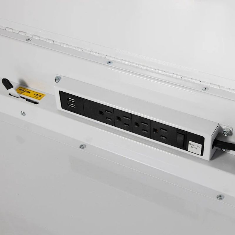 BoxoUSA Pro Series 35" 5-Drawer Flip-Top Service Cart Tool Box White Box Power Strip close up of power strip
