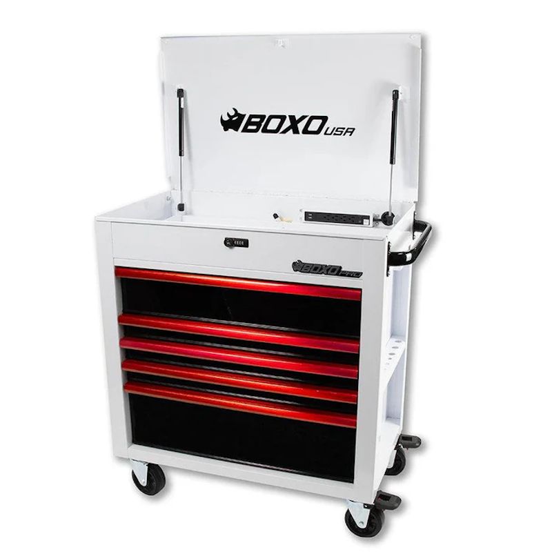 BoxoUSA Pro Series 35" 5-Drawer Flip-Top Service Cart Tool Box White Box Red Handle Open from the front