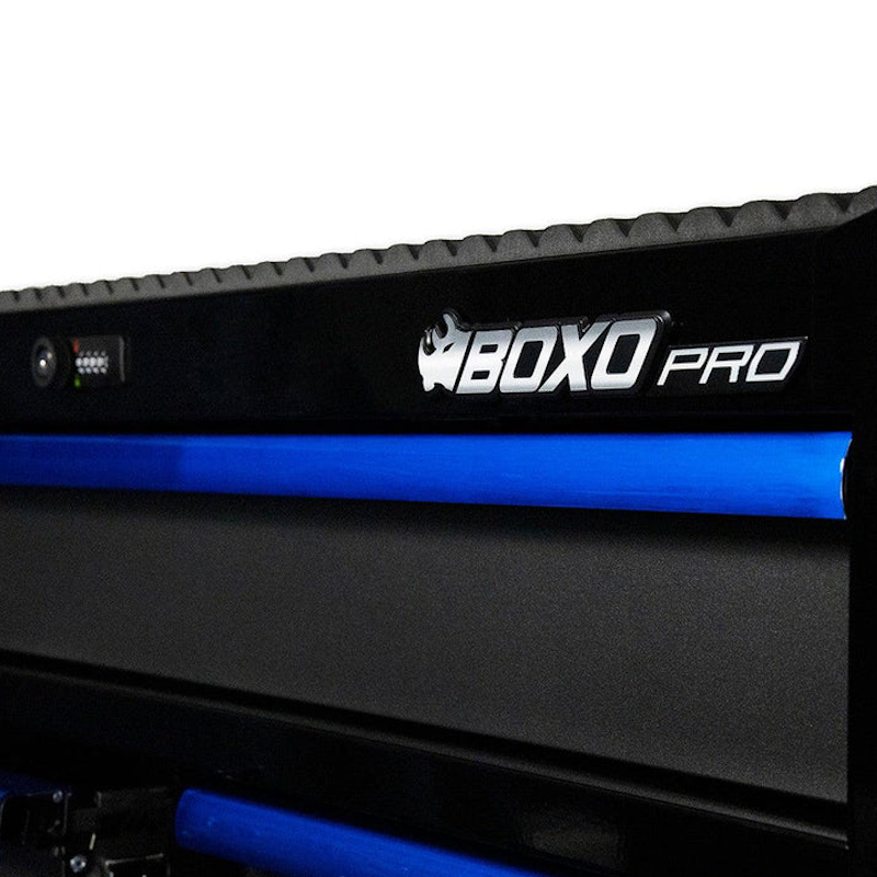BoxoUSA Pro Series 45" 11-Drawer Rolling Tool Box Black Gloss Blue Handle Branded close up of BoxoUSA logo