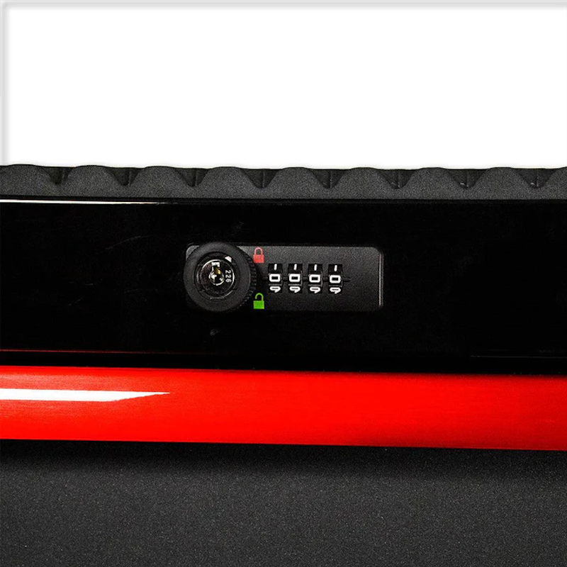 BoxoUSA Pro Series 45" 11-Drawer Rolling Tool Box Black Gloss Red Handle Locking Toolbox close up of toolbox lock