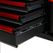 BoxoUSA Pro Series 45" 11-Drawer Rolling Tool Box Black Gloss Red Handle Open Drawers close up of sliding drawers
