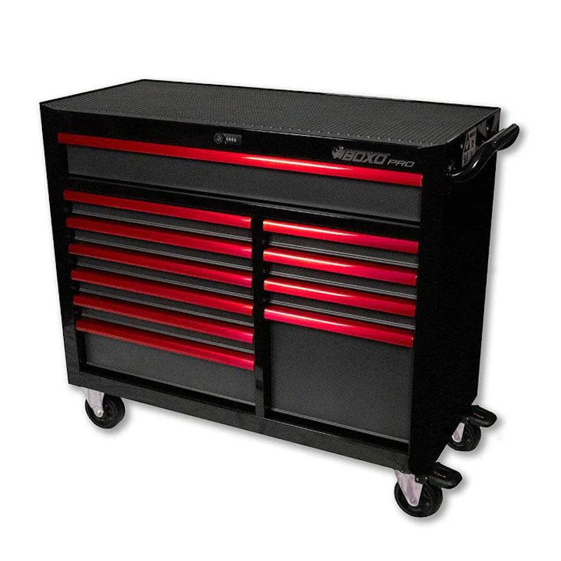 BoxoUSA Pro Series 45" 11-Drawer Rolling Tool Box Black Gloss Red Handle from the front