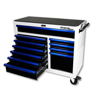 BoxoUSA Pro Series 45" 11-Drawer Rolling Tool Box White Gloss Blue Handle Open Drawers from the front