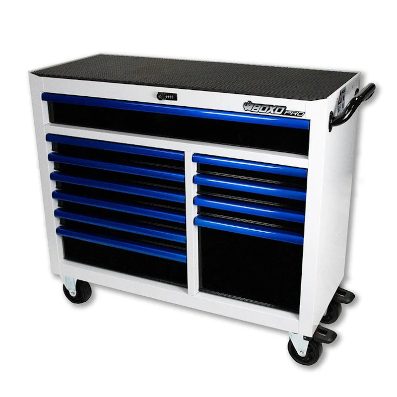 BoxoUSA Pro Series 45" 11-Drawer Rolling Tool Box White Gloss Blue Handle from the front