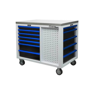BoxoUSA Pro Series 45” 12-Drawer Workstation Tool Box White Box Blue Handle from the front