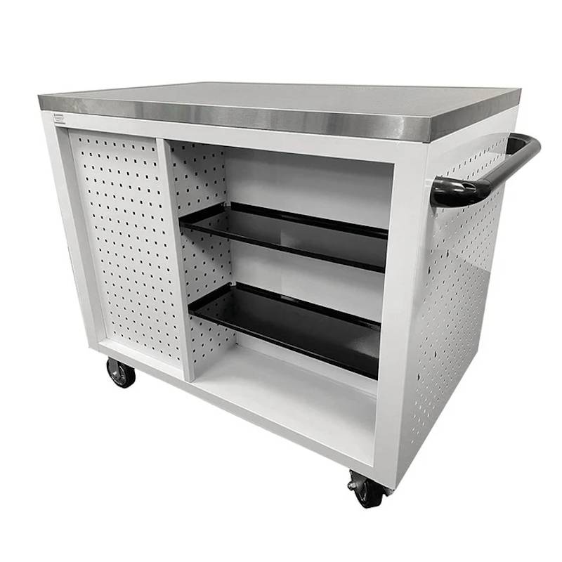 BoxoUSA Pro Series 45” 12-Drawer Workstation Tool Box White Box Blue Handle from the back showing more storage