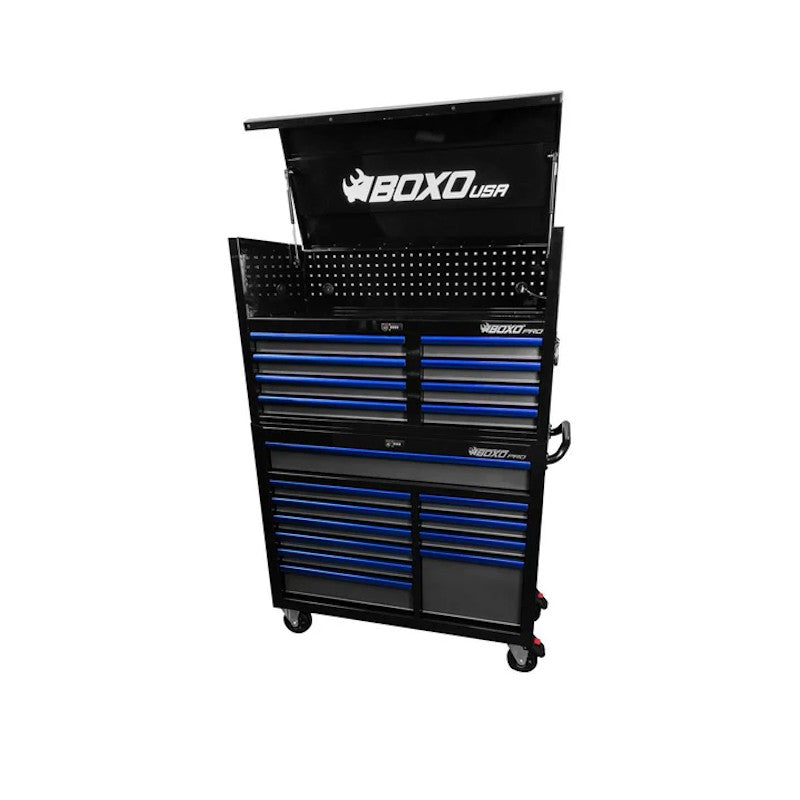 BoxoUSA Pro Series 45" 19-Drawer Rolling Tool Box Black Box Blue Handle Open from the front