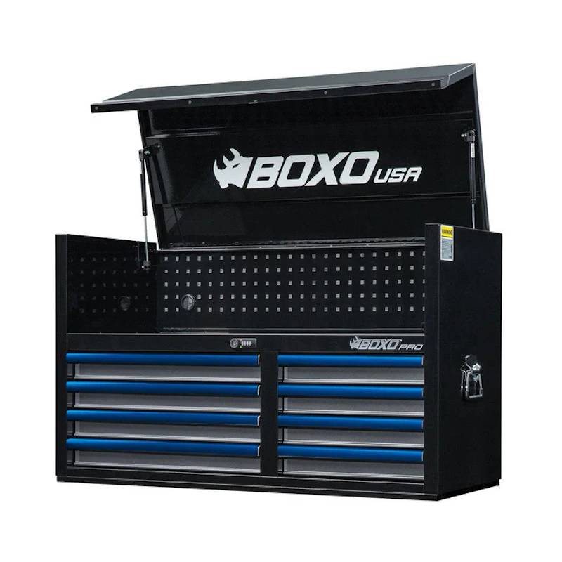 BoxoUSA Pro Series 45" 8-Drawer Top Chest Tool Box Black Box Blue Handle open from the front