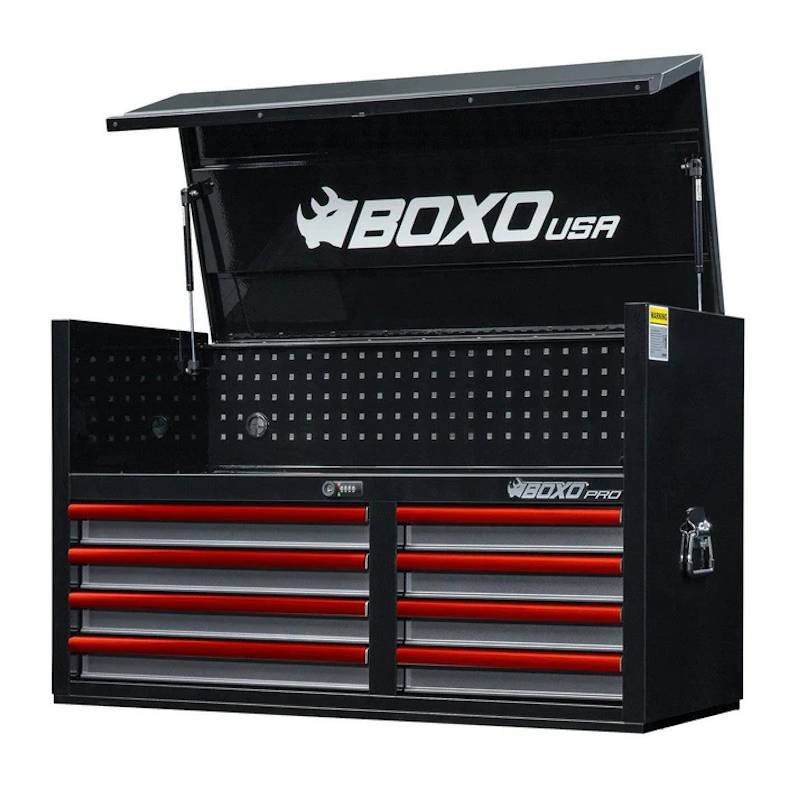 BoxoUSA Pro Series 45" 8-Drawer Top Chest Tool Box Black Box Red Handle open from the front