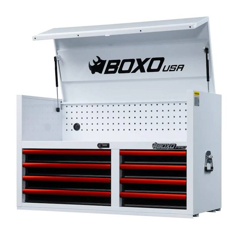 BoxoUSA Pro Series 45" 8-Drawer Top Chest Tool Box White Box Red Handle open from the front