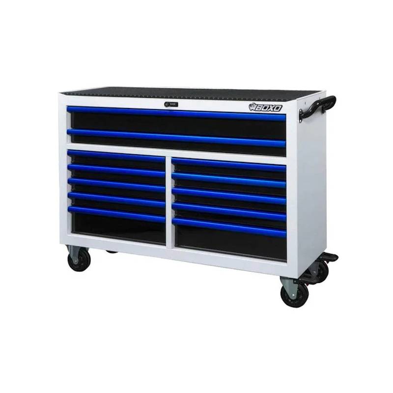 BoxoUSA Pro Series 53" 12-Drawer Rolling Tool Box White Box Blue Handle from the front