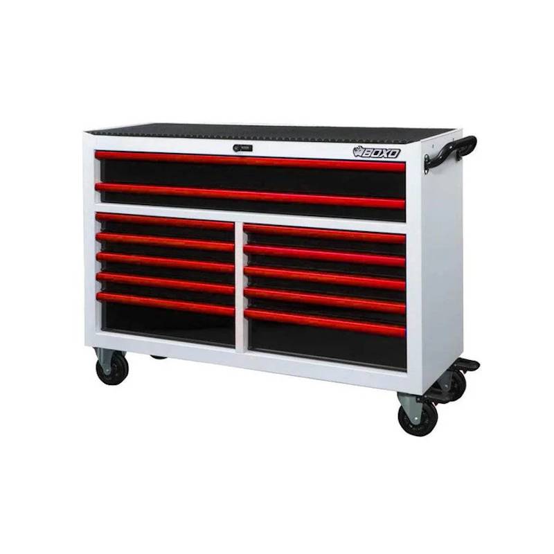 BoxoUSA Pro Series 53" 12-Drawer Rolling Tool Box White Box Red Handle from the front