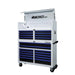 BoxoUSA Pro Series 53" 20-Drawer Rolling Tool Box White Box Blue Handle open and from the front