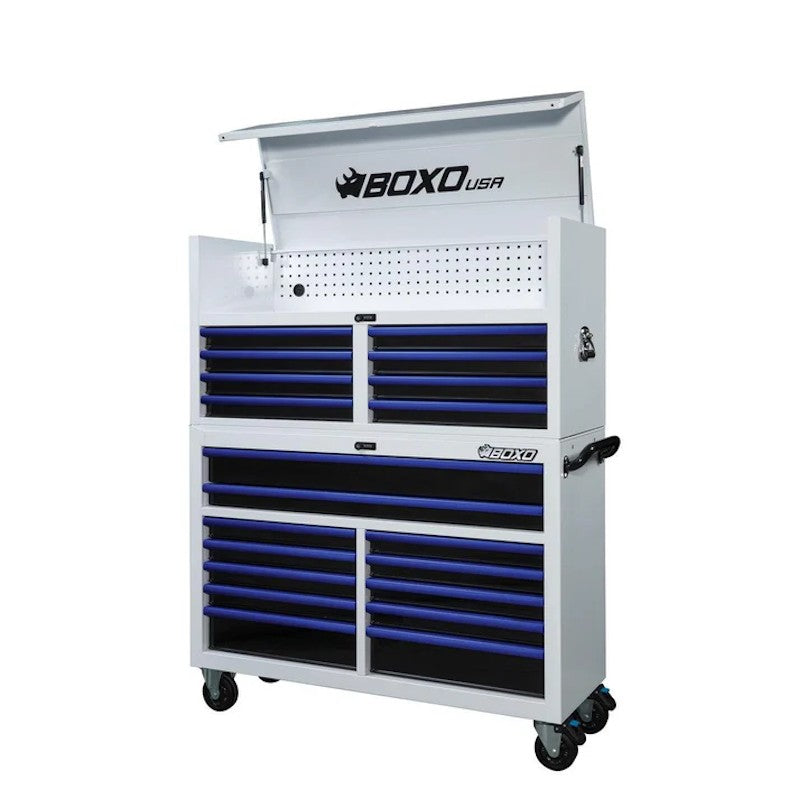 BoxoUSA Pro Series 53" 20-Drawer Rolling Tool Box White Box Blue Handle open and from the front