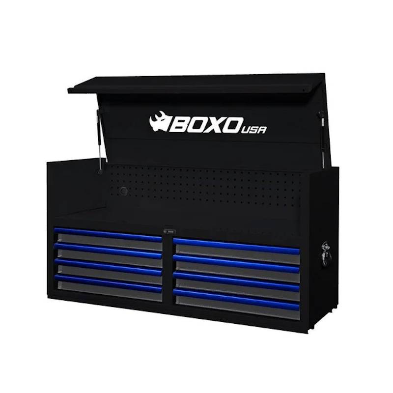 BoxoUSA Pro Series 53" 8-Drawer Top Chest Tool Box Black Box Blue Handle from the front
