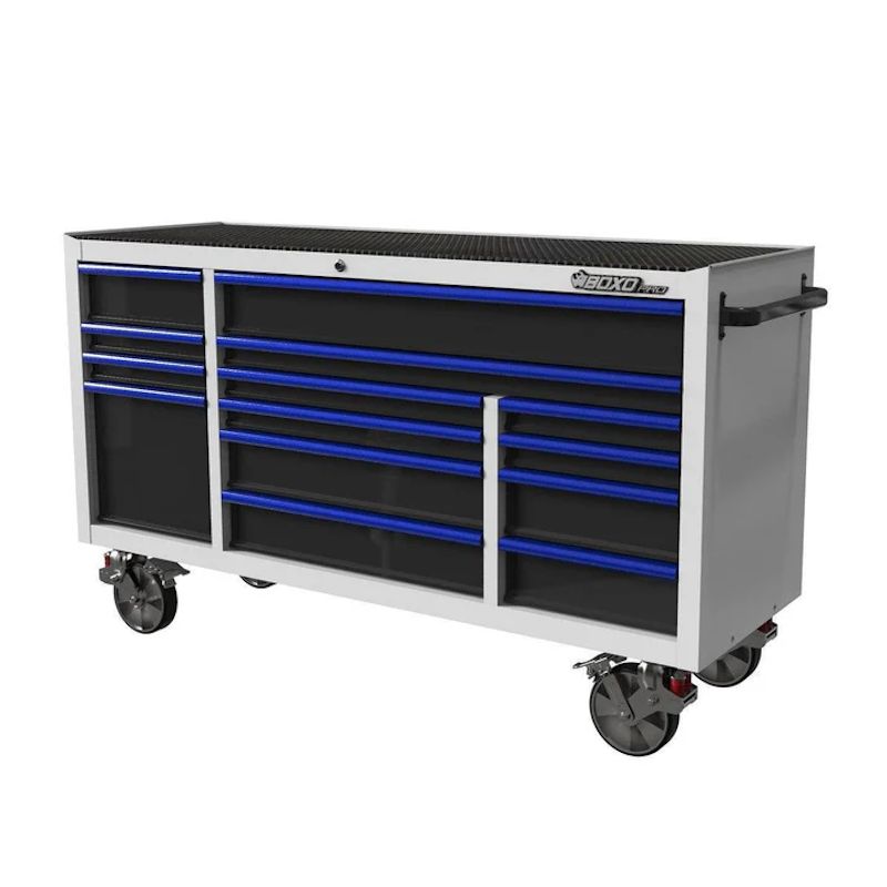 BoxoUSA Pro Series 72" 14-Drawer Rolling Tool BoxWhite Box Blue Handle from the front