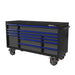 BoxoUSA Pro Series 72" 14-Drawer Rolling Tool Box Black Box Blue Handle from the front