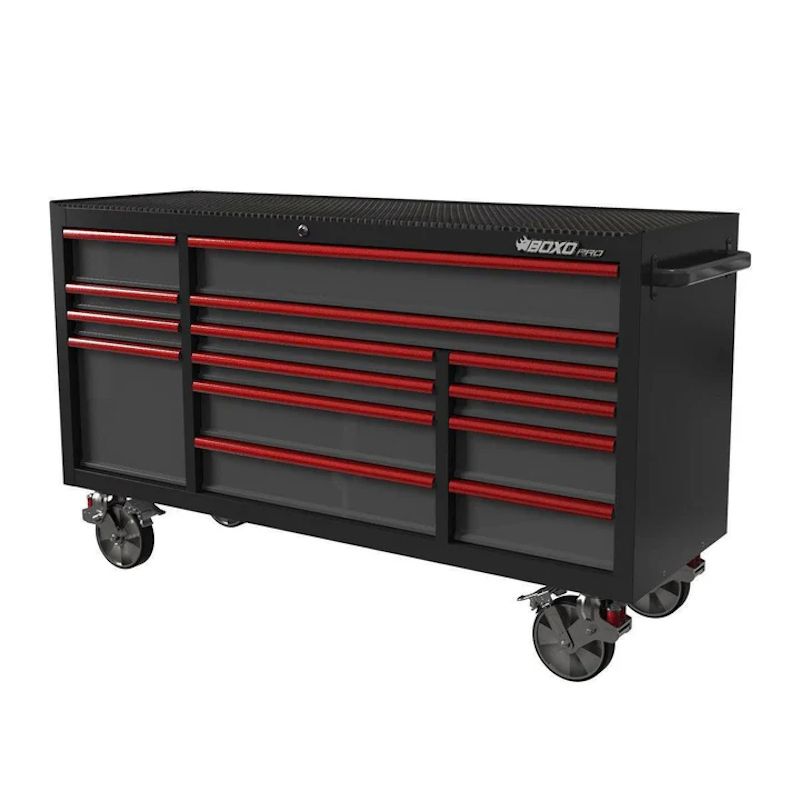 BoxoUSA Pro Series 72" 14-Drawer Rolling Tool Box Black Box Red Handle from the front