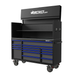 BoxoUSA Pro Series | 72" 14-Drawer Rolling Tool Box with Garage Top Black Blue Handles Open from the front