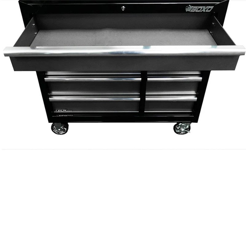 BoxoUSA Tech Series 41" 19-Drawer Rolling Tool Box Combo Set Black Powder Coat Drawers Open close up