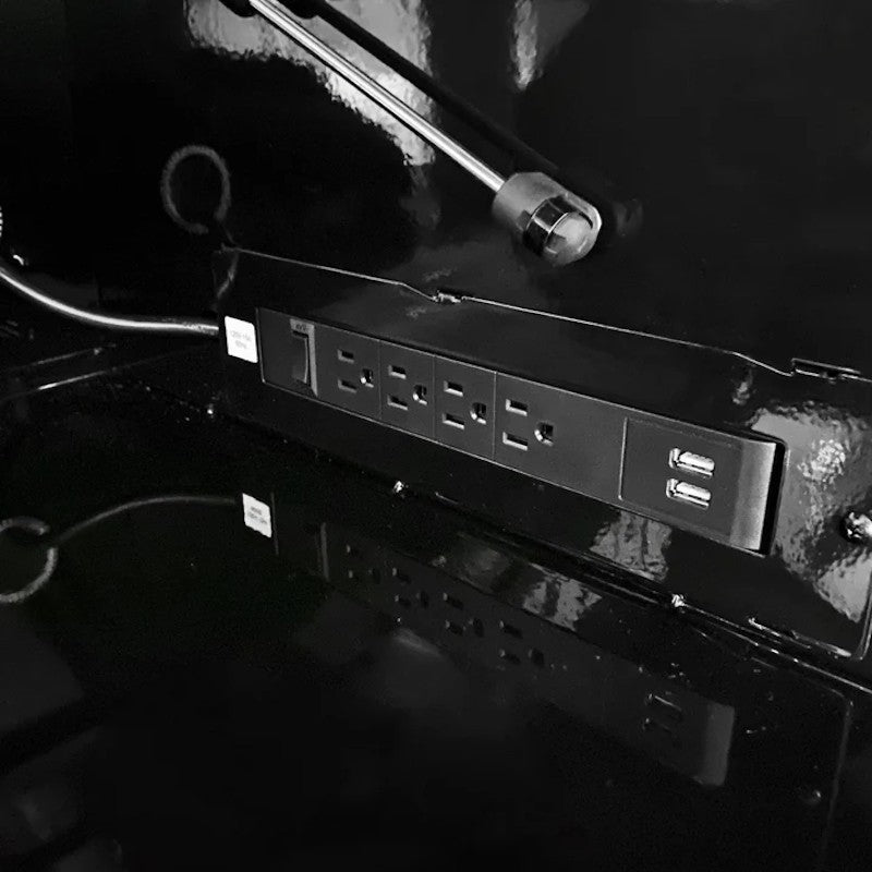 BoxoUSA Tech Series 41" 19-Drawer Rolling Tool Box Combo Set Black Powder Coat Power Strip close up