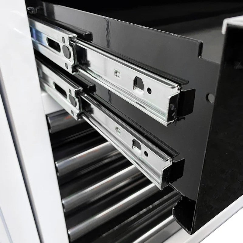 BoxoUSA Tech Series 41" 19-Drawer Rolling Tool Box Combo Set White Powder Coat Drawer Slider close up