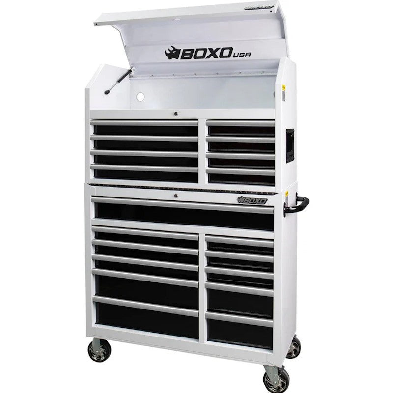 BoxoUSA Tech Series 41" 19-Drawer Rolling Tool Box Combo Set White Powder Coat from the front