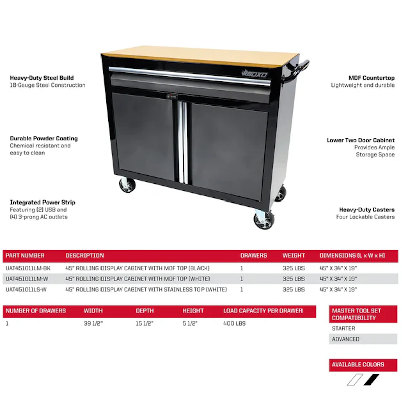 BoxoUSA Tech Series 45" Rolling Display Cabinet with MDF Top Black Spec from the front with product specifications listed