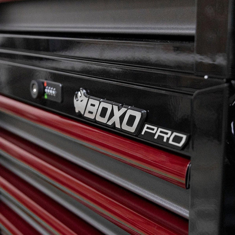BoxoUSA Pro Series | 26" 6-Drawer Rolling Tool Box Red Handle White Box close up of locking feature and BoxoUSA logo