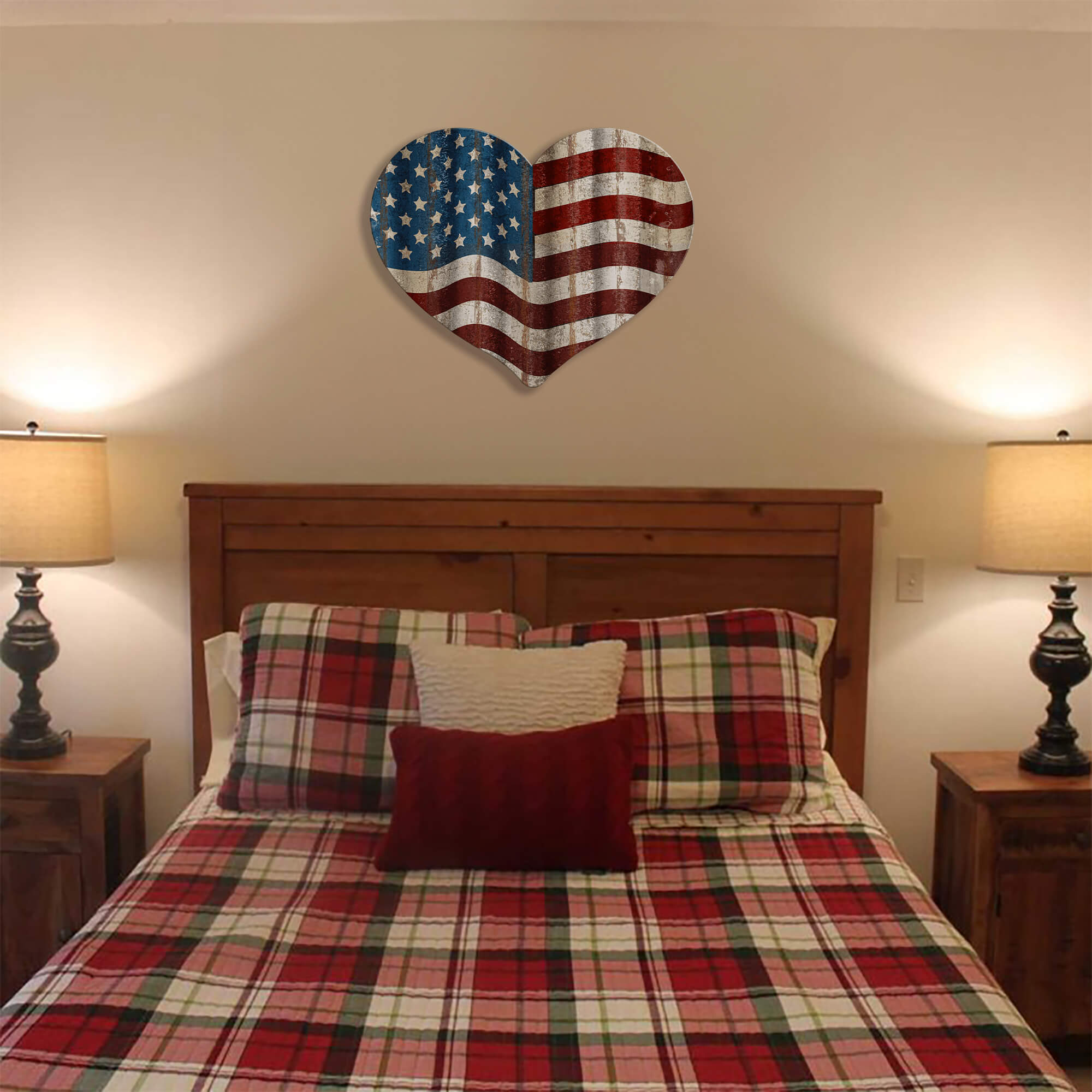 Heart-Shaped American Flag - Corrugated Metal Wall Art red white and blue in a bedroom