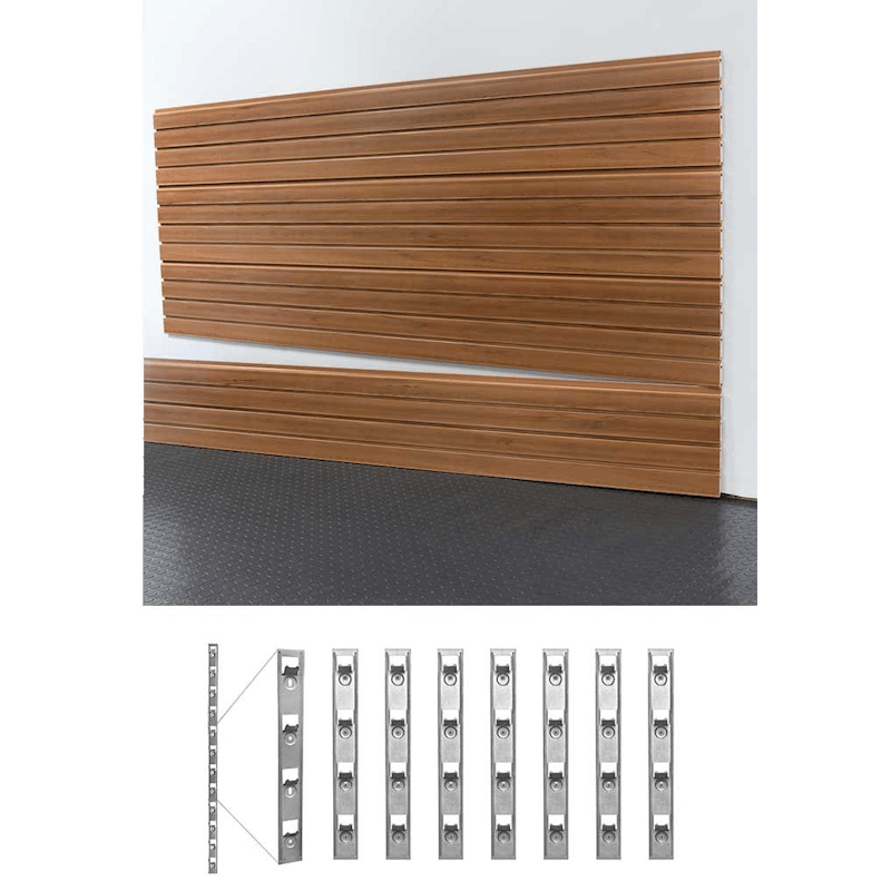 Rustic cedar slatwall panels with included metal install strips, showing the complete Oura Decor standard duty wall organization system.