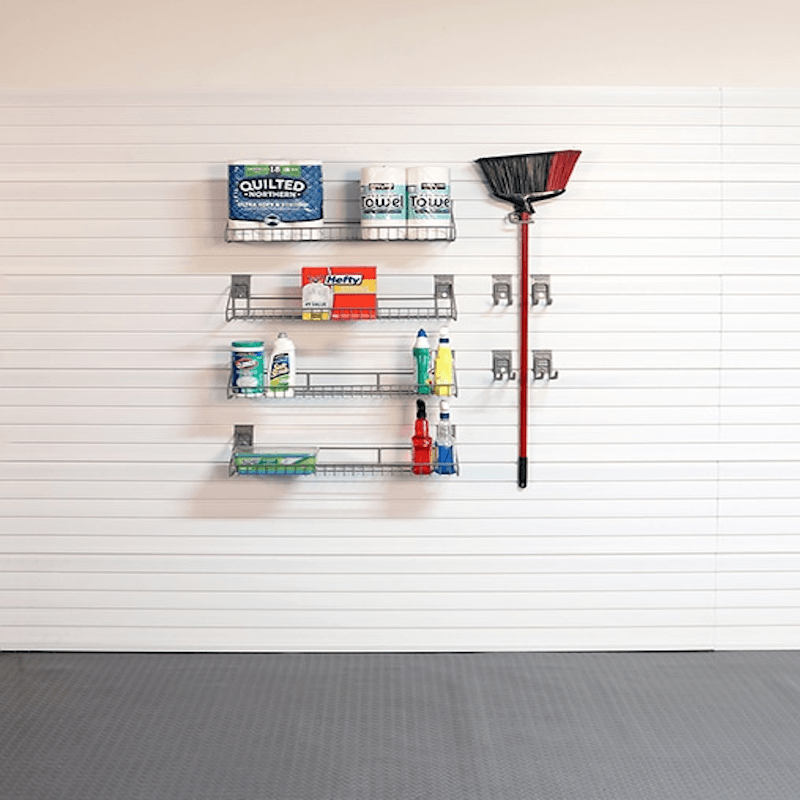 A wall-mounted metal garage organizer with three shelves and hooks, shown in a garage setting with household cleaning supplies and a broom on the shelves and wall.
