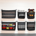 Six black mesh and fabric hanging storage pockets mounted on a white paneled wall, shown empty and filled with assorted sports balls and gear to demonstrate storage capacity.