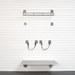 A wall-mounted shelving system shown on a white slatted wall, including two wire baskets, four wall hooks with cords, and a lower shelf, all in a clean studio-style presentation.